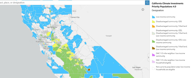 Screenshot of CA Map: California Climate Investments Priority Populations 4.0